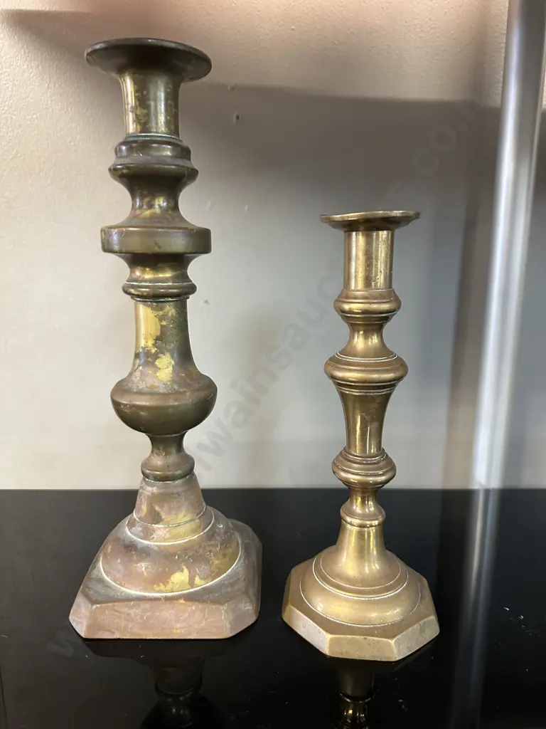 Pair Of Brass Candle Stick Holders Georgian Style With Square & Round Base H22,H30cm. Image 1++