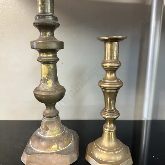 Pair Of Brass Candle Stick Holders Georgian Style With Square & Round Base H22,H30cm.