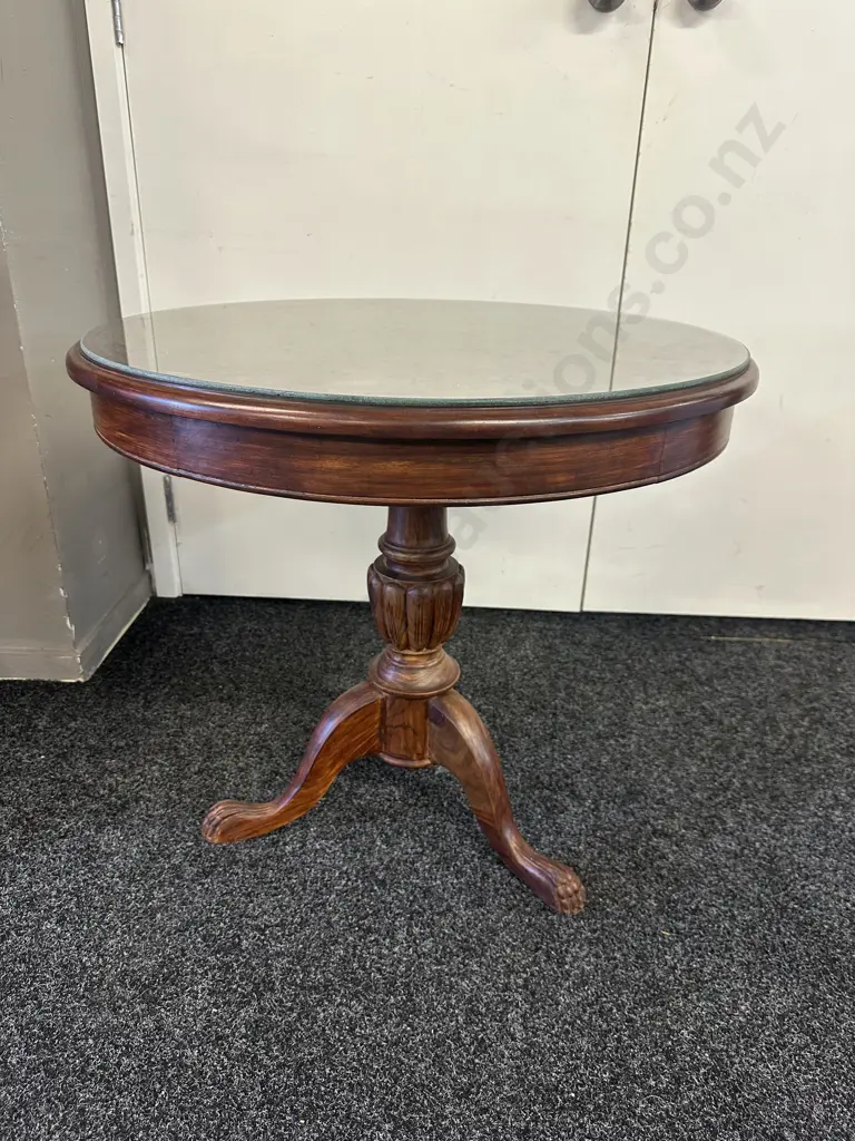 Wooden Round Hand Carved Table With Glass Top, Tri Legged H64, Dia69cm. Image 1++