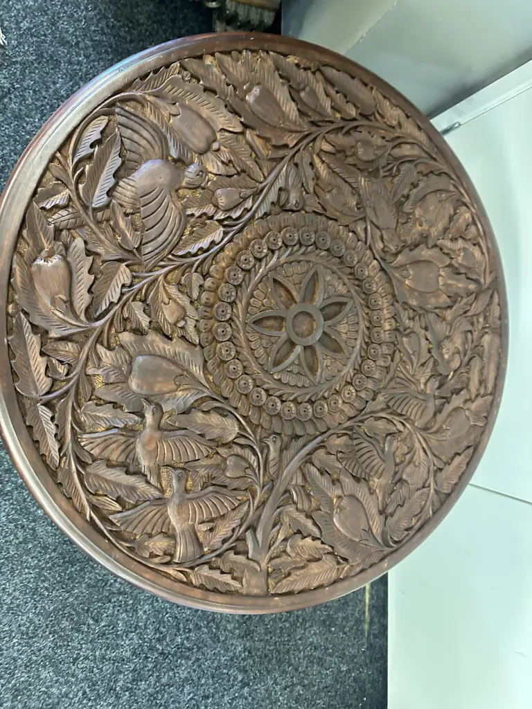 Wooden Round Hand Carved Table With Glass Top, Tri Legged H64, Dia69cm. Image 1++