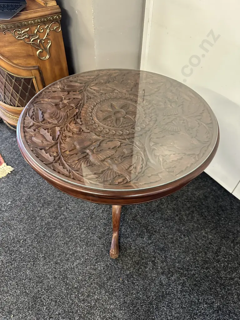 Wooden Round Hand Carved Table With Glass Top, Tri Legged H64, Dia69cm. Image 1++