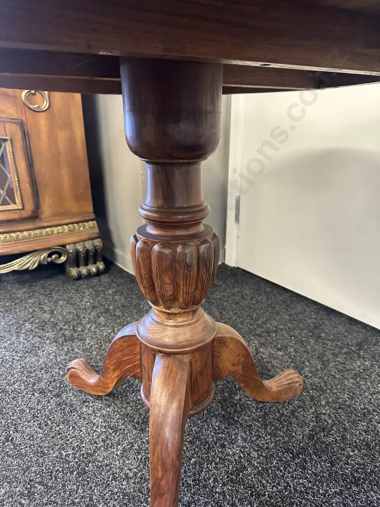 Wooden Round Hand Carved Table With Glass Top, Tri Legged H64, Dia69cm. Image 1++