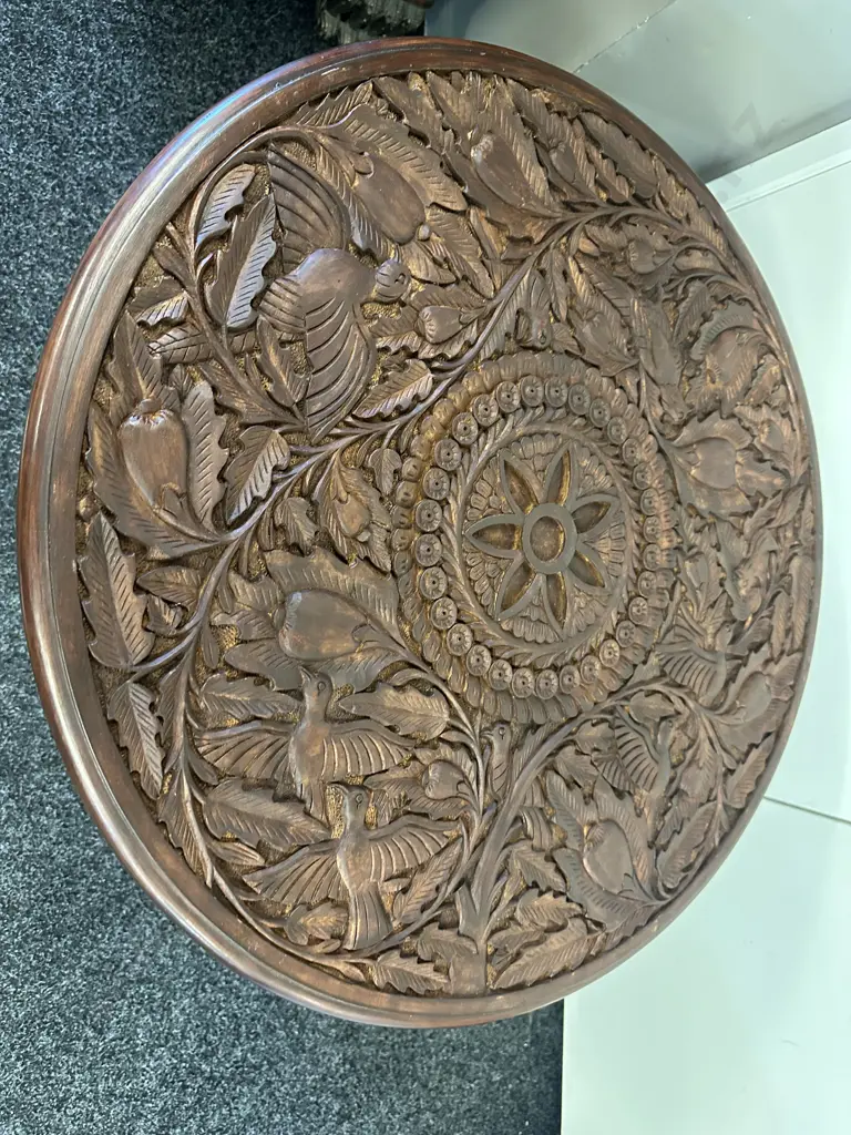 Wooden Round Hand Carved Table With Glass Top, Tri Legged H64, Dia69cm. Image 1++