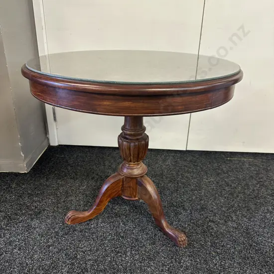 Wooden Round Hand Carved Table With Glass Top, Tri Legged H64, Dia69cm.