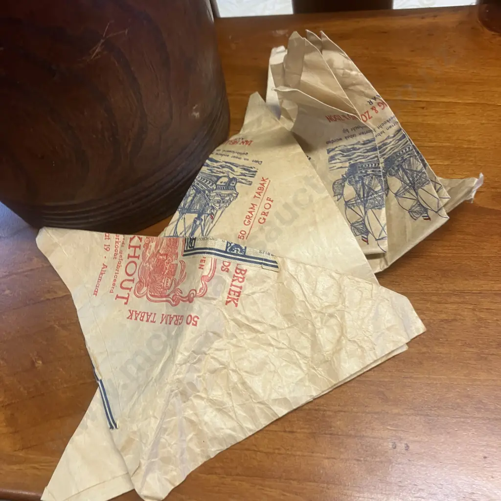 Dutch Antique Treen Tobacco Jar With Lid & Vintage Tobacco Wrappers. 29 x 20cm Image 1++