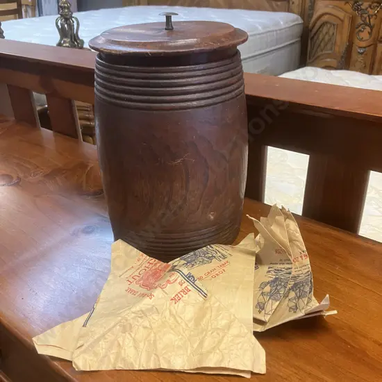 Dutch Antique Treen Tobacco Jar With Lid & Vintage Tobacco Wrappers. 29 x 20cm