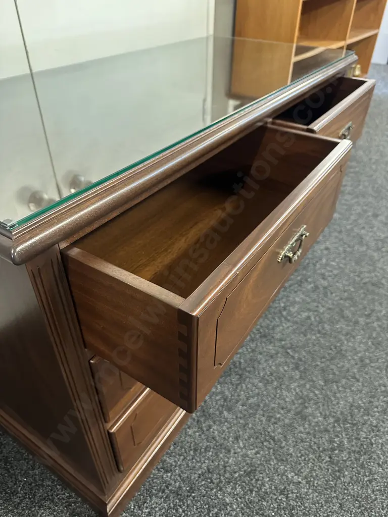 Solid Mahogany Four Drawer Lowboy With Glass Top & Ornate Metal Handles H72,W120,D52cm. Image 1++