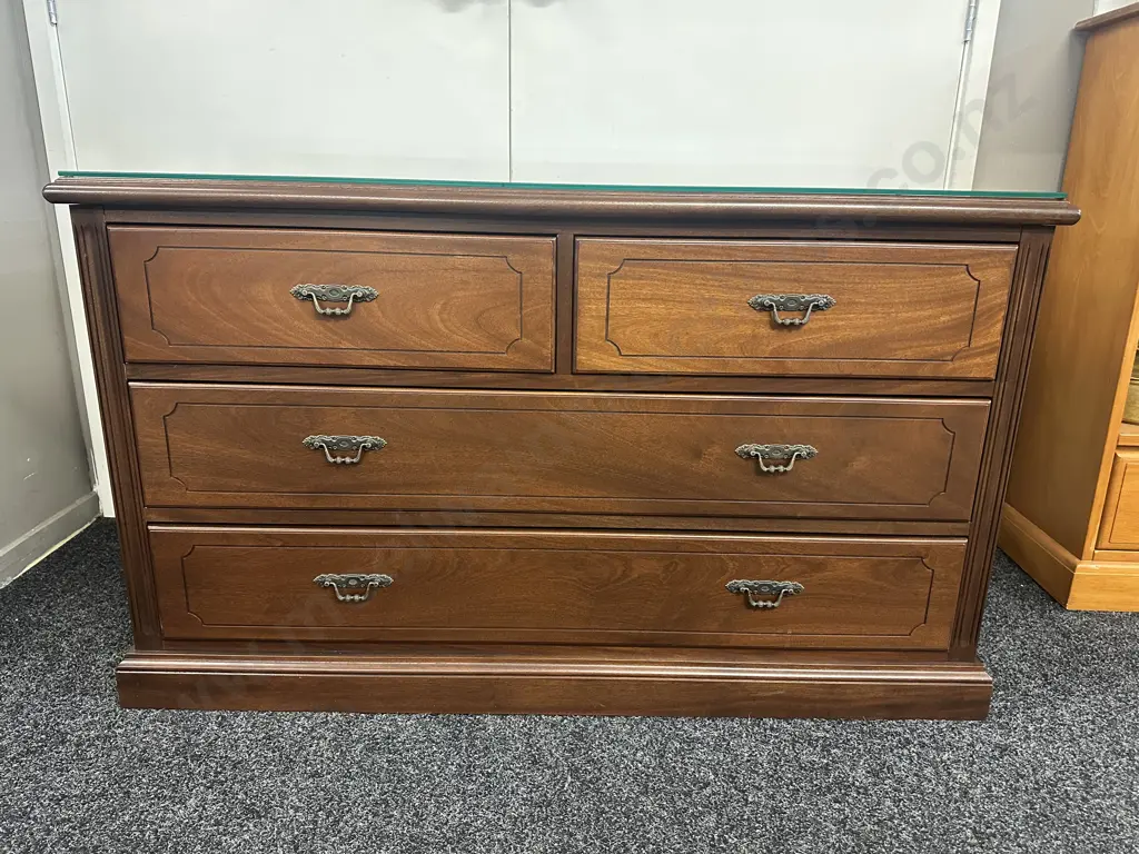 Solid Mahogany Four Drawer Lowboy With Glass Top & Ornate Metal Handles H72,W120,D52cm. Image 1++