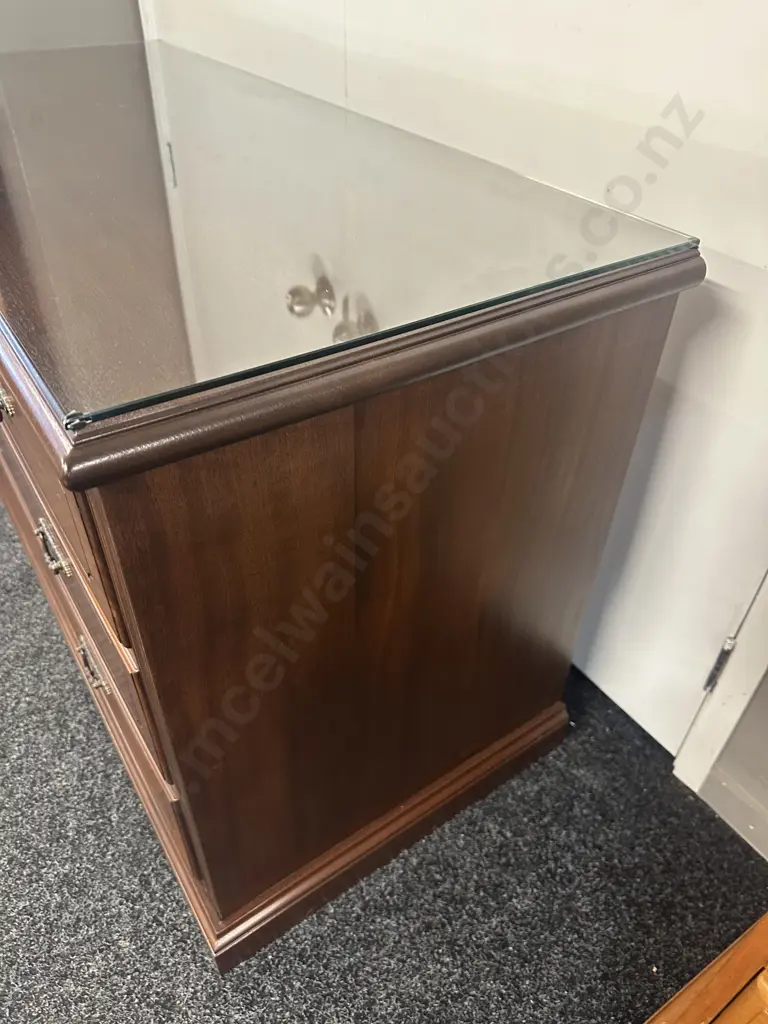 Solid Mahogany Four Drawer Lowboy With Glass Top & Ornate Metal Handles H72,W120,D52cm. Image 1++