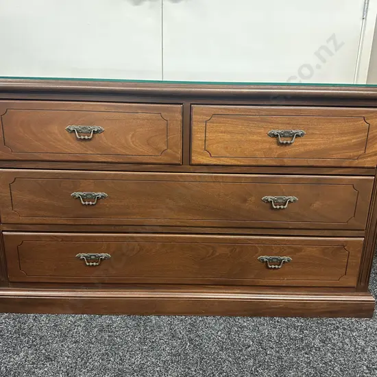 Solid Mahogany Four Drawer Lowboy With Glass Top & Ornate Metal Handles H72,W120,D52cm.