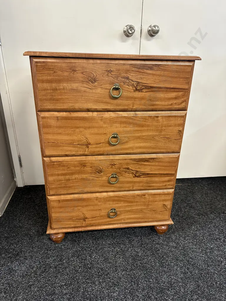 Rimu Effect 4 Drawer Chest With Metal Ring Handles & Bun Feet. H92 W67 D41cm Image 1++
