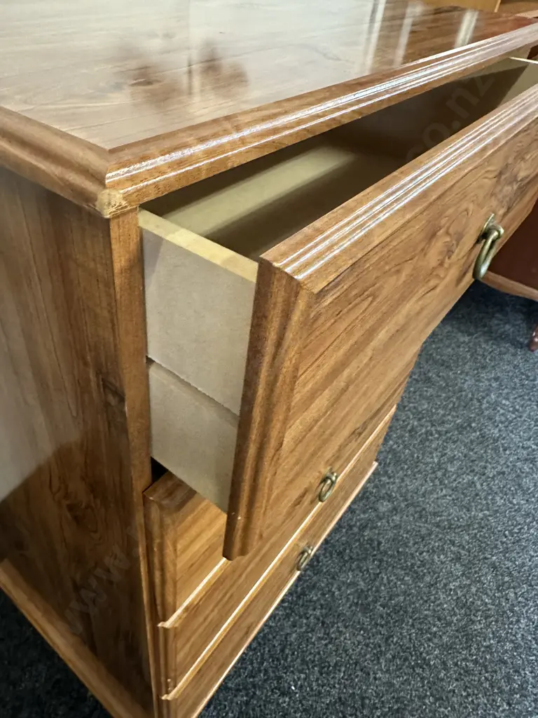 Rimu Effect 4 Drawer Chest With Metal Ring Handles & Bun Feet. H92 W67 D41cm Image 1++