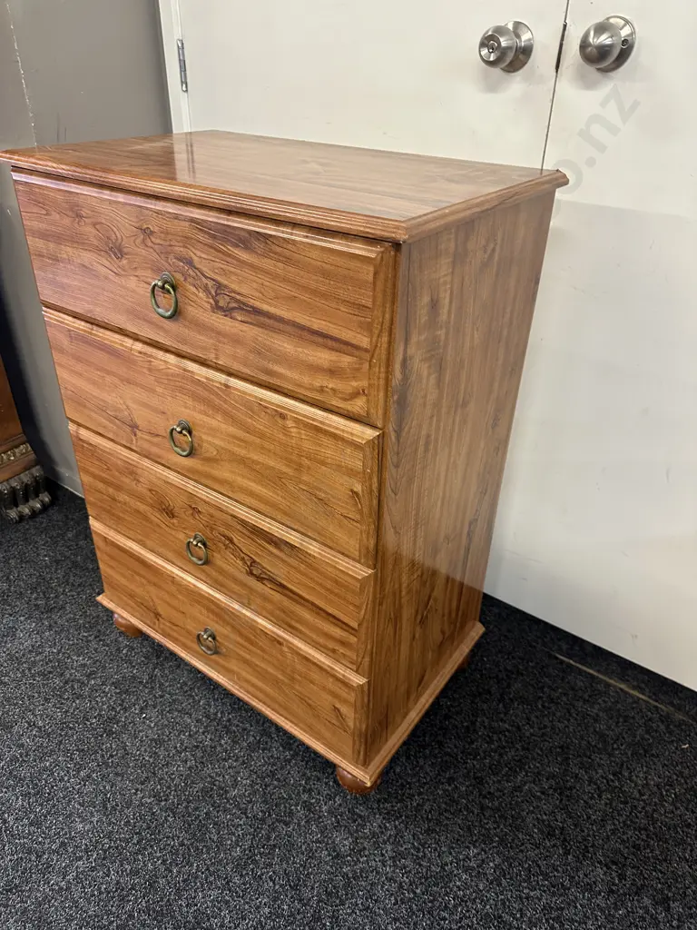 Rimu Effect 4 Drawer Chest With Metal Ring Handles & Bun Feet. H92 W67 D41cm Image 1++