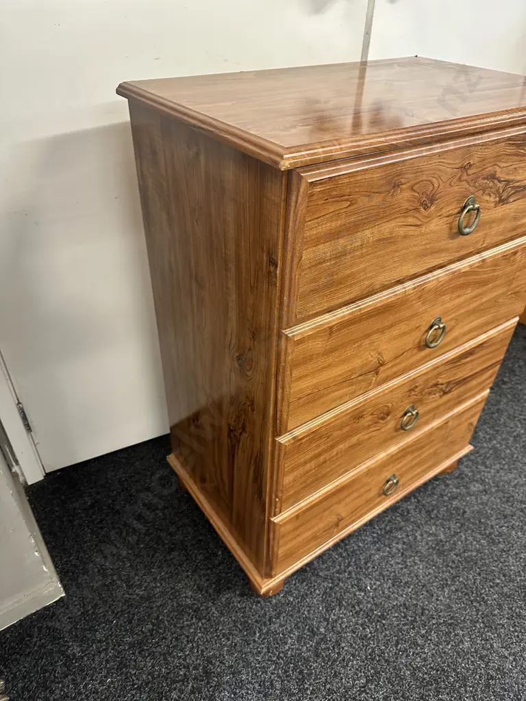 Rimu Effect 4 Drawer Chest With Metal Ring Handles & Bun Feet. H92 W67 D41cm Image 1++