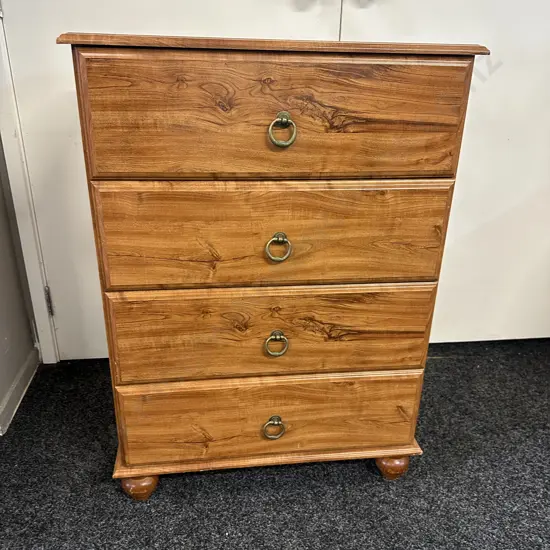 Rimu Effect 4 Drawer Chest With Metal Ring Handles & Bun Feet. H92 W67 D41cm