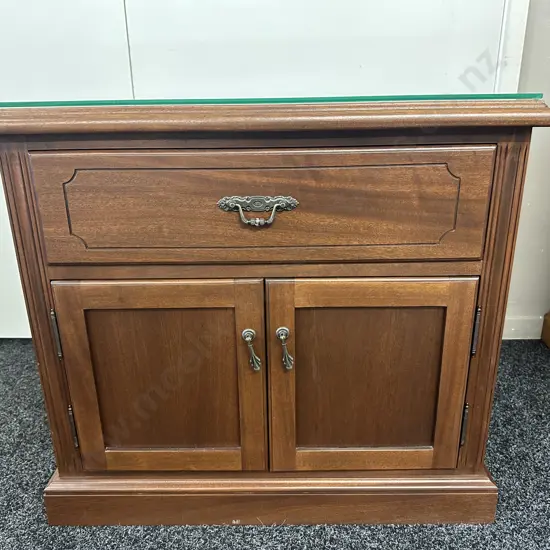 Mahogany Two Door, Single Drawer Cabinet With Glass Top H64,W70,D38cm.