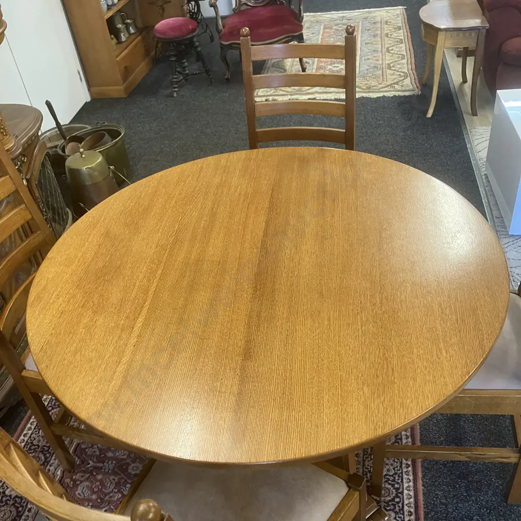 Mid-Century Round Oak Dining Table In The Style Of De Puydt 76 x 120cm With Five Oak Ladder Back Upholstered Seat Chairs Image 1++