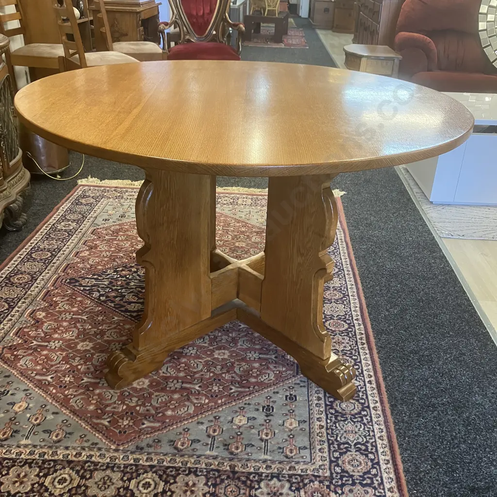 Mid-Century Round Oak Dining Table In The Style Of De Puydt 76 x 120cm With Five Oak Ladder Back Upholstered Seat Chairs Image 1++