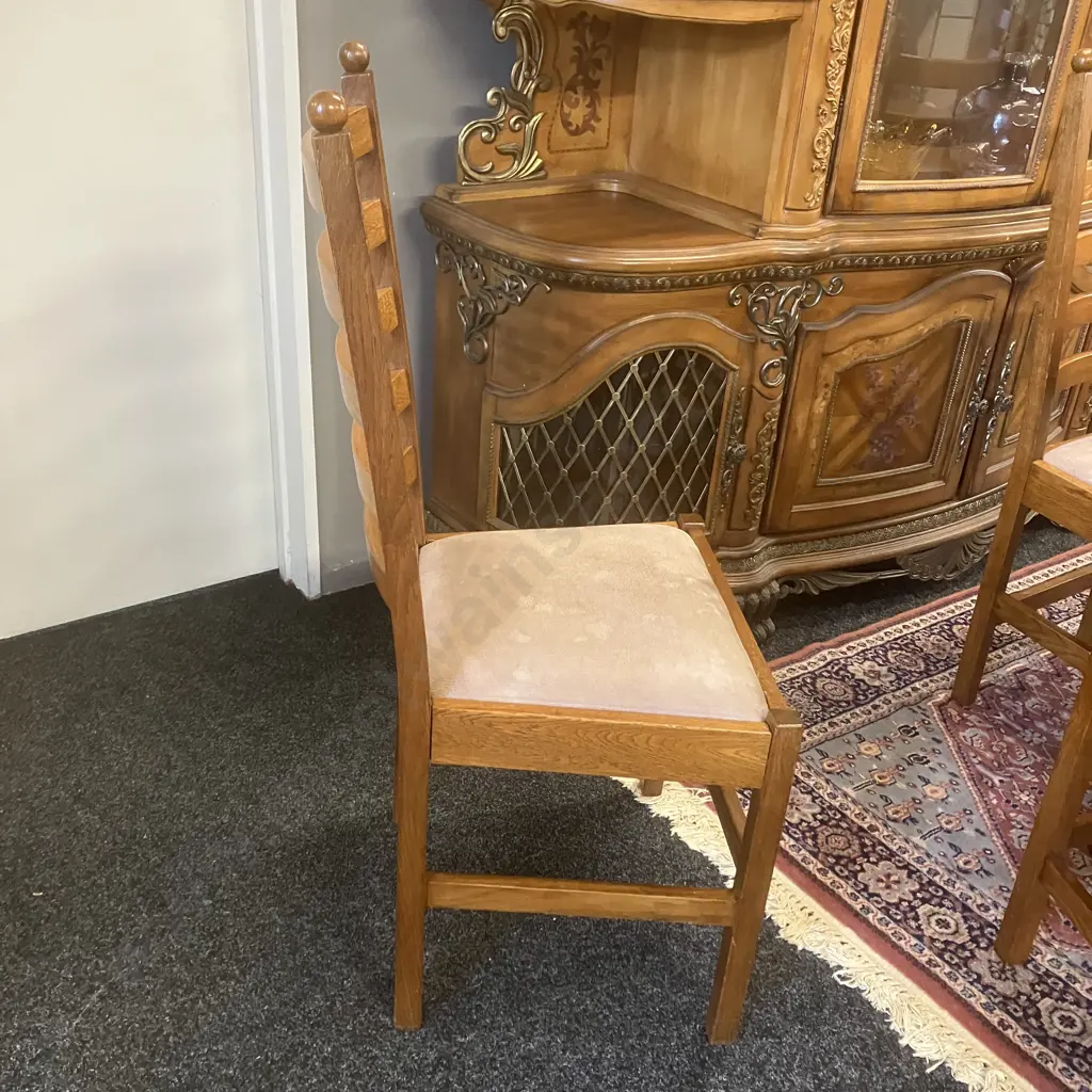 Mid-Century Round Oak Dining Table In The Style Of De Puydt 76 x 120cm With Five Oak Ladder Back Upholstered Seat Chairs Image 1++