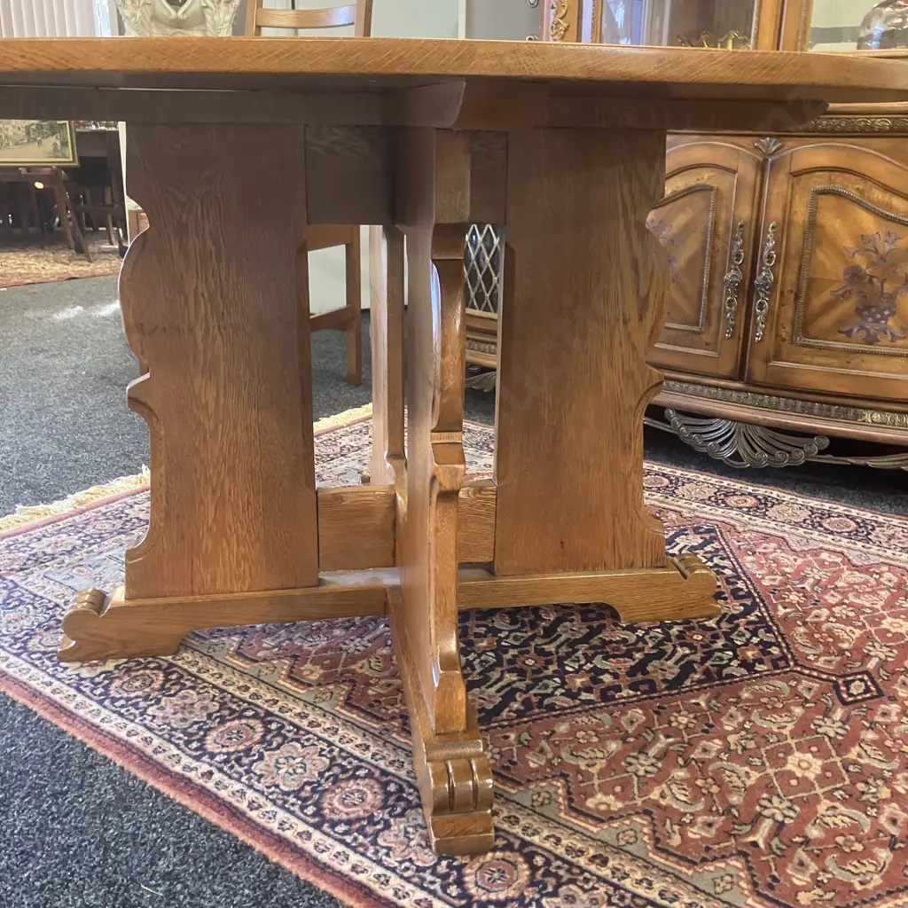 Mid-Century Round Oak Dining Table In The Style Of De Puydt 76 x 120cm With Five Oak Ladder Back Upholstered Seat Chairs Image 1++