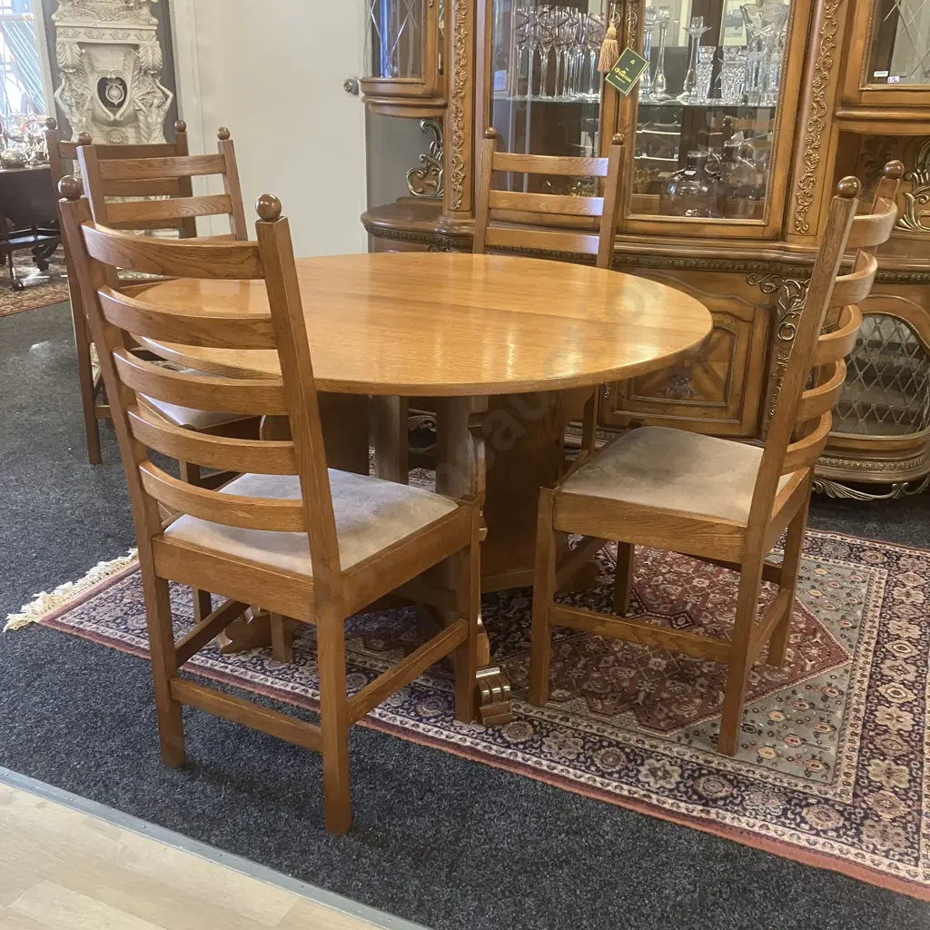 Mid-Century Round Oak Dining Table In The Style Of De Puydt 76 x 120cm With Five Oak Ladder Back Upholstered Seat Chairs Image 1++