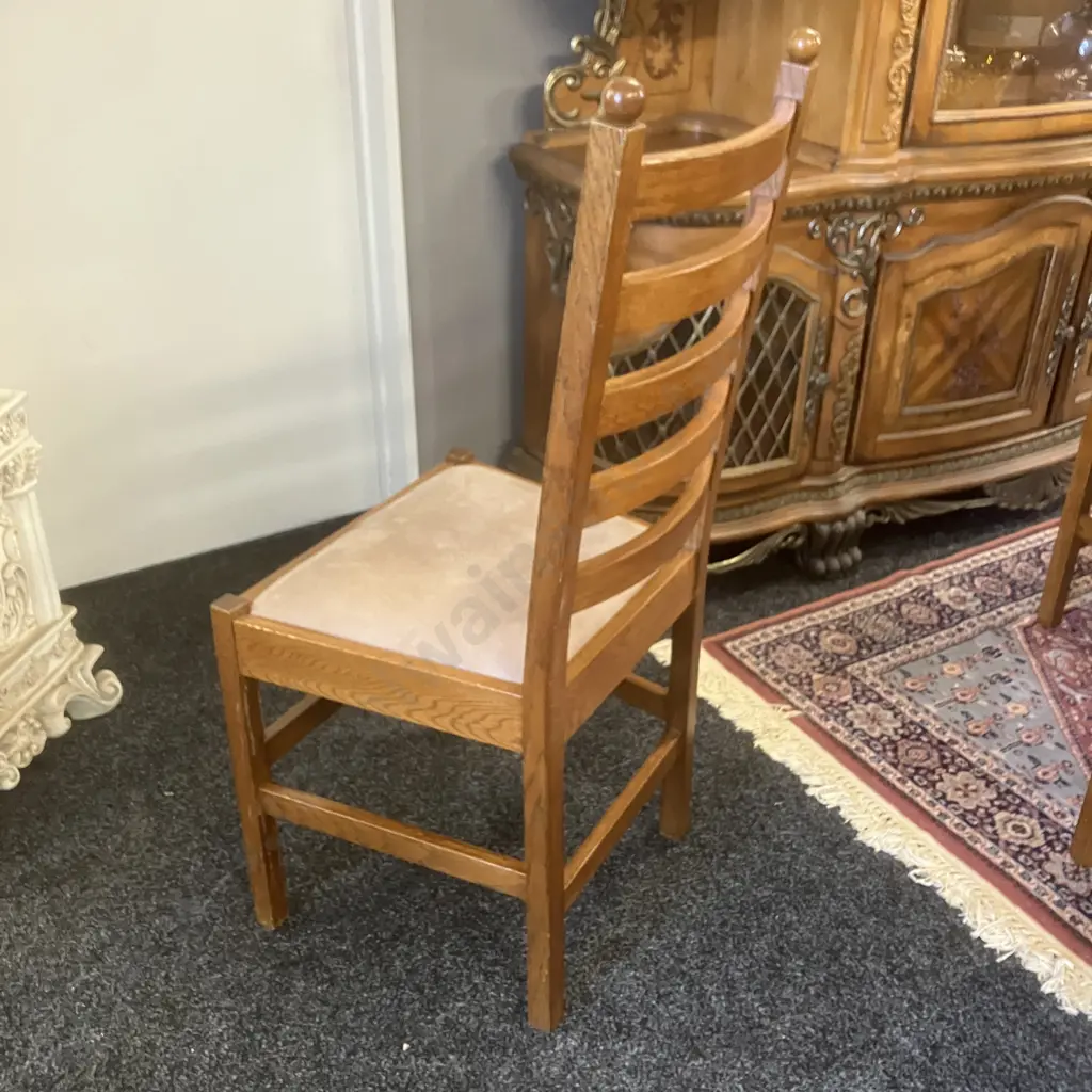 Mid-Century Round Oak Dining Table In The Style Of De Puydt 76 x 120cm With Five Oak Ladder Back Upholstered Seat Chairs Image 1++
