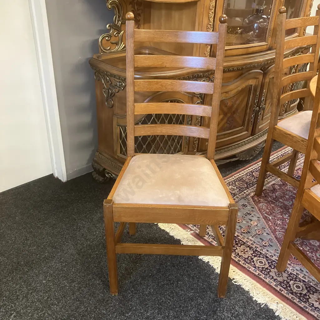 Mid-Century Round Oak Dining Table In The Style Of De Puydt 76 x 120cm With Five Oak Ladder Back Upholstered Seat Chairs Image 1++