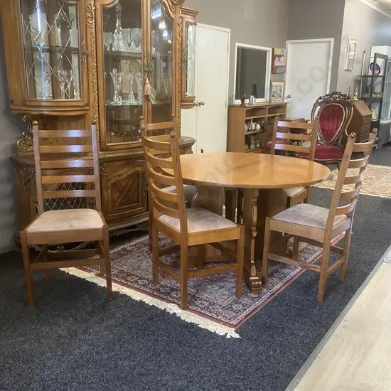 Mid-Century Round Oak Dining Table In The Style Of De Puydt 76 x 120cm With Five Oak Ladder Back Upholstered Seat Chairs