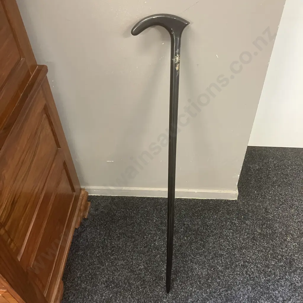 Vintage Black Lacquered Walking Stick With Japanese Scene. H96cm Image 1++