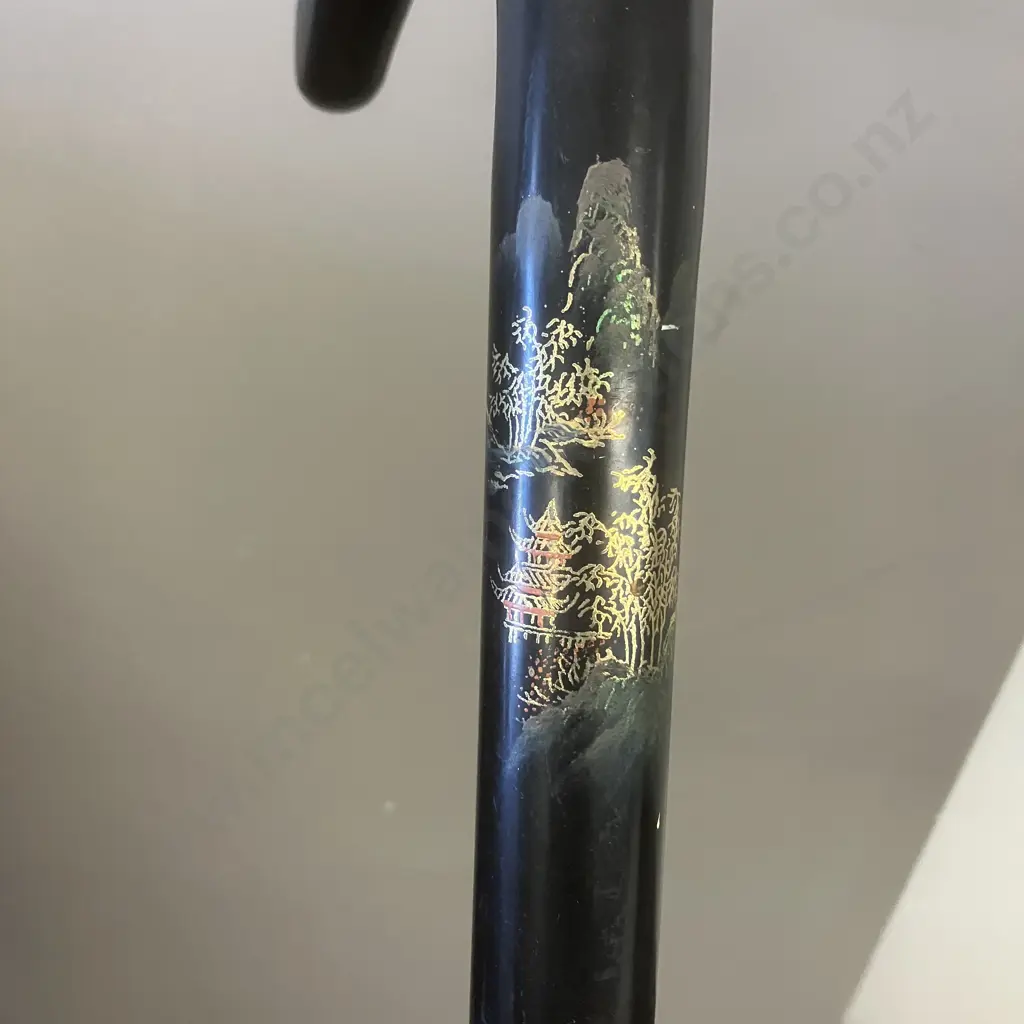 Vintage Black Lacquered Walking Stick With Japanese Scene. H96cm Image 1++