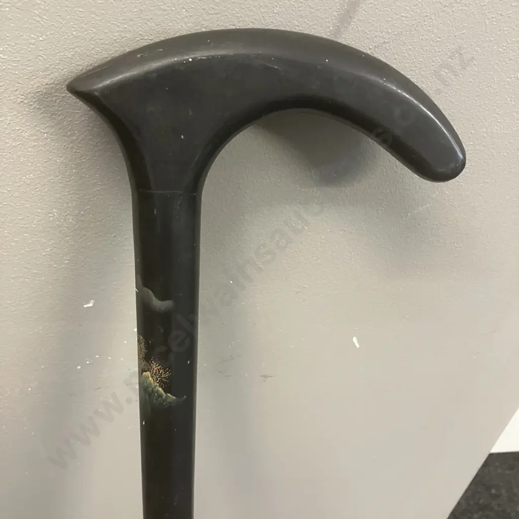 Vintage Black Lacquered Walking Stick With Japanese Scene. H96cm Image 1++