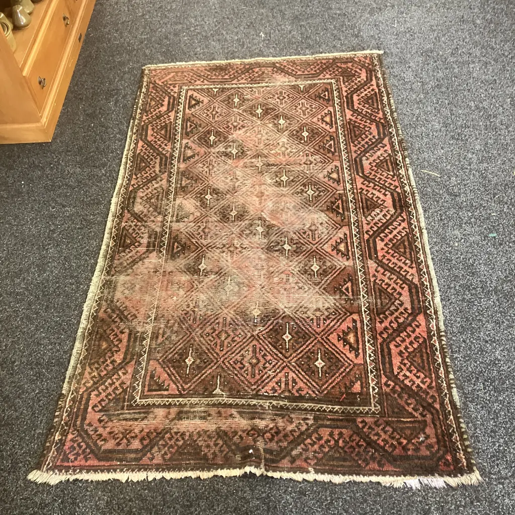 Vintage Persian Rug. 186 x 110cm Brown, Black, Pink Tones ( Worn) Image 1++