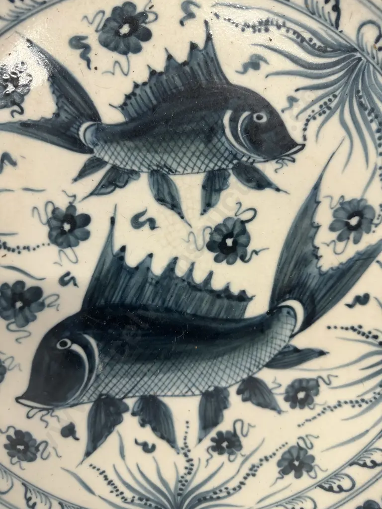 Oriental Themed Blue & White Plate Dia46cm. Fish & Floral Detail Image 1++