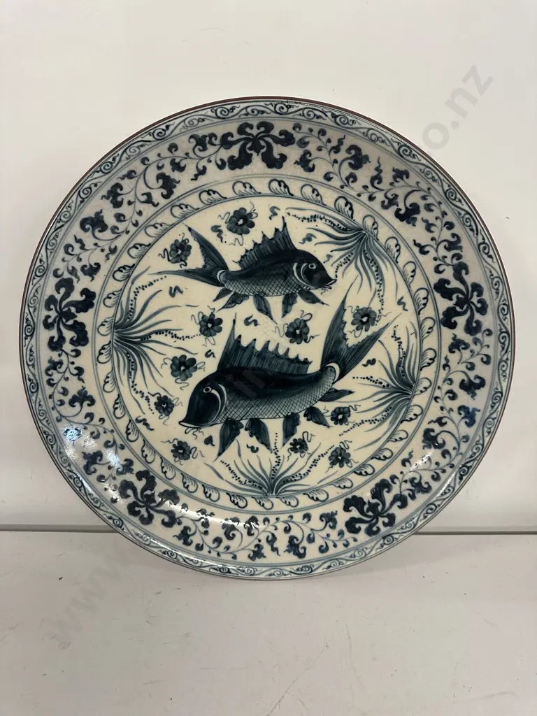 Oriental Themed Blue & White Plate Dia46cm. Fish & Floral Detail Image 1++