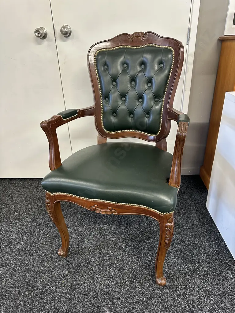 Chesterfield Style Armchair Green Leather, Buttoned Back & Brass Coloured Dome Detail Image 1++