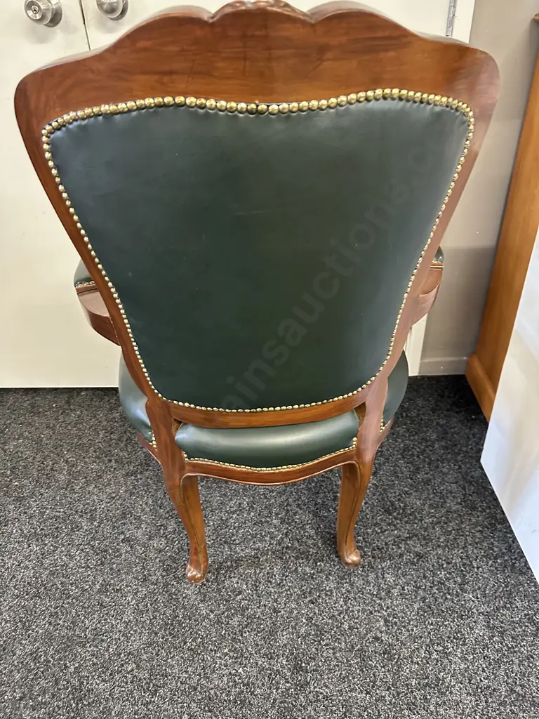 Chesterfield Style Armchair Green Leather, Buttoned Back & Brass Coloured Dome Detail Image 1++
