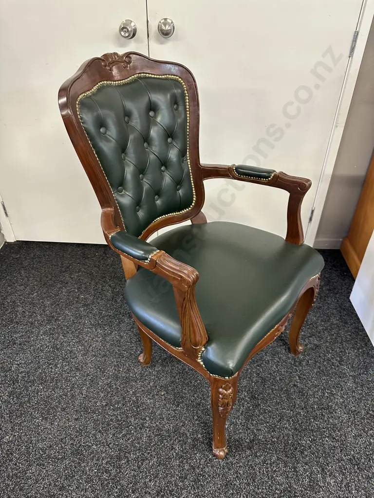 Chesterfield Style Armchair Green Leather, Buttoned Back & Brass Coloured Dome Detail Image 1++