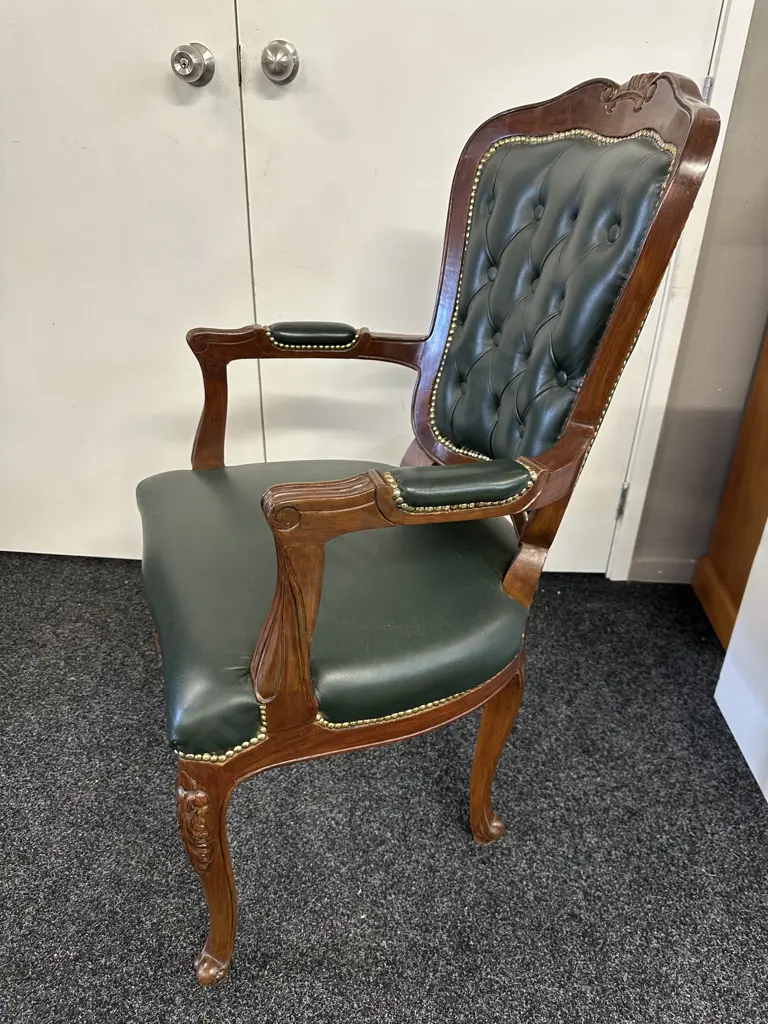 Chesterfield Style Armchair Green Leather, Buttoned Back & Brass Coloured Dome Detail Image 1++