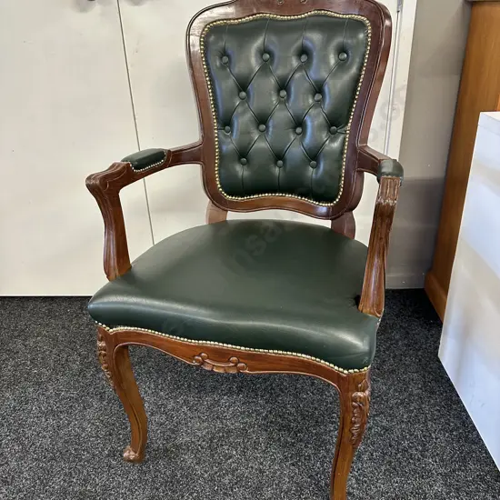 Chesterfield Style Armchair Green Leather, Buttoned Back & Brass Coloured Dome Detail