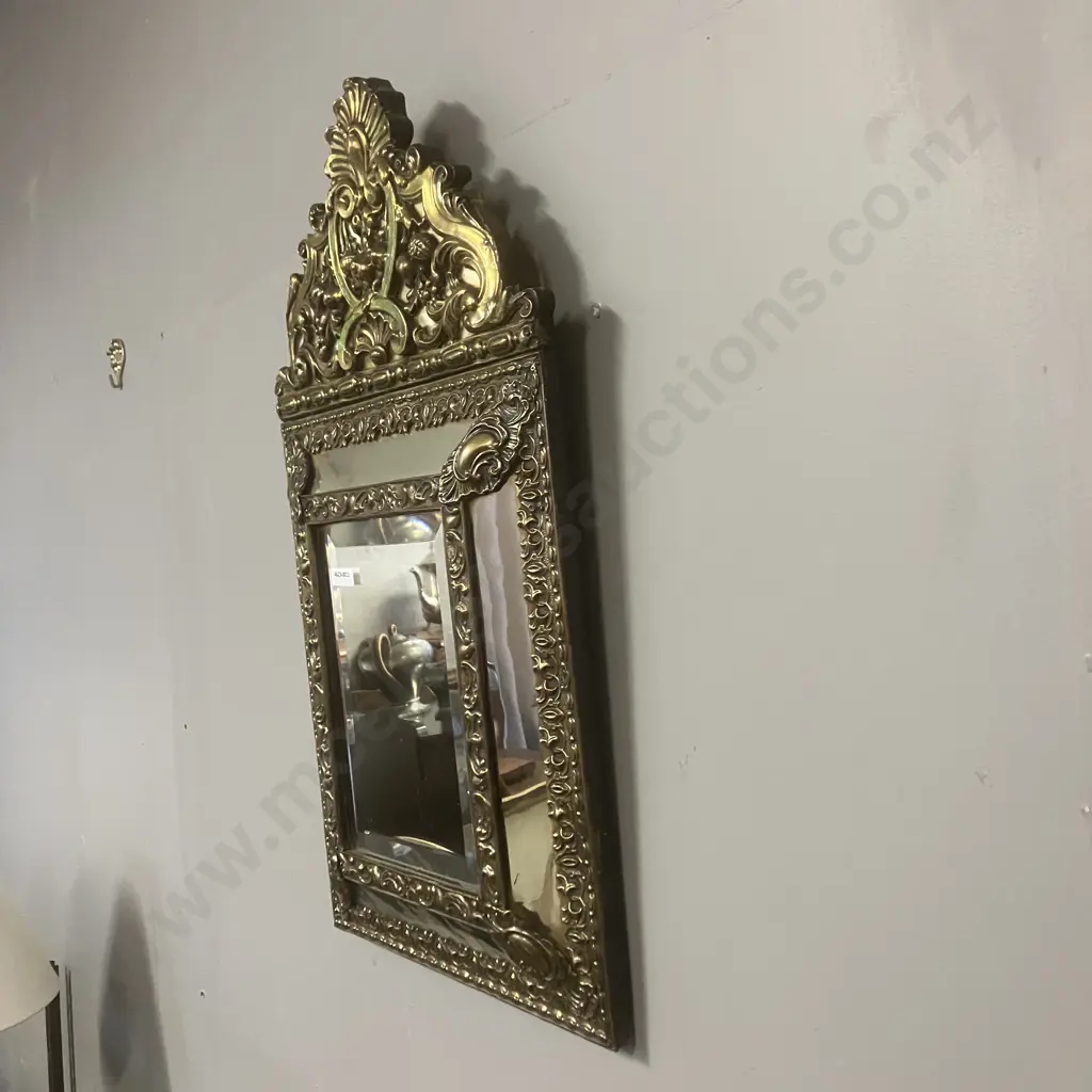 Antique Parclose Mirror In Repousse Brass Structure. 60 x 33cm Image 1++