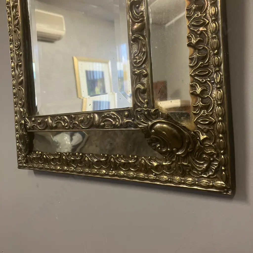 Antique Parclose Mirror In Repousse Brass Structure. 60 x 33cm Image 1++