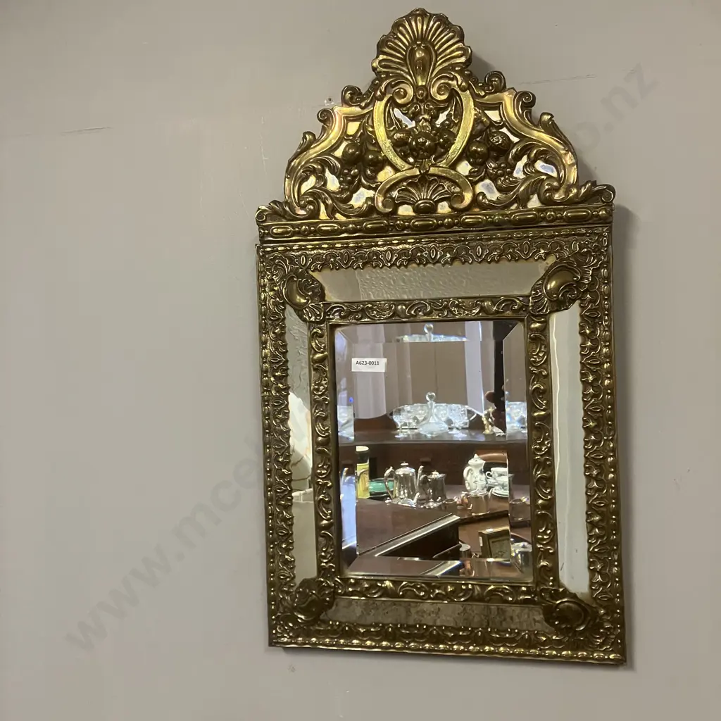 Antique Parclose Mirror In Repousse Brass Structure. 60 x 33cm Image 1++