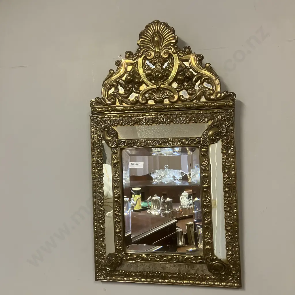 Antique Parclose Mirror In Repousse Brass Structure. 60 x 33cm Image 1++