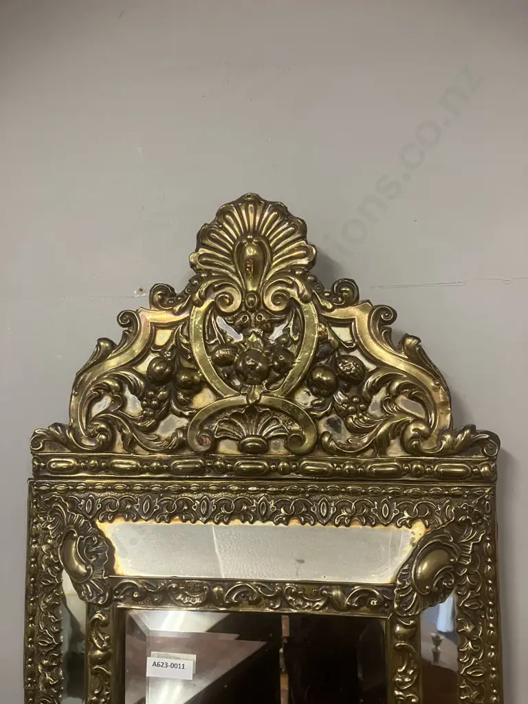 Antique Parclose Mirror In Repousse Brass Structure. 60 x 33cm Image 1++