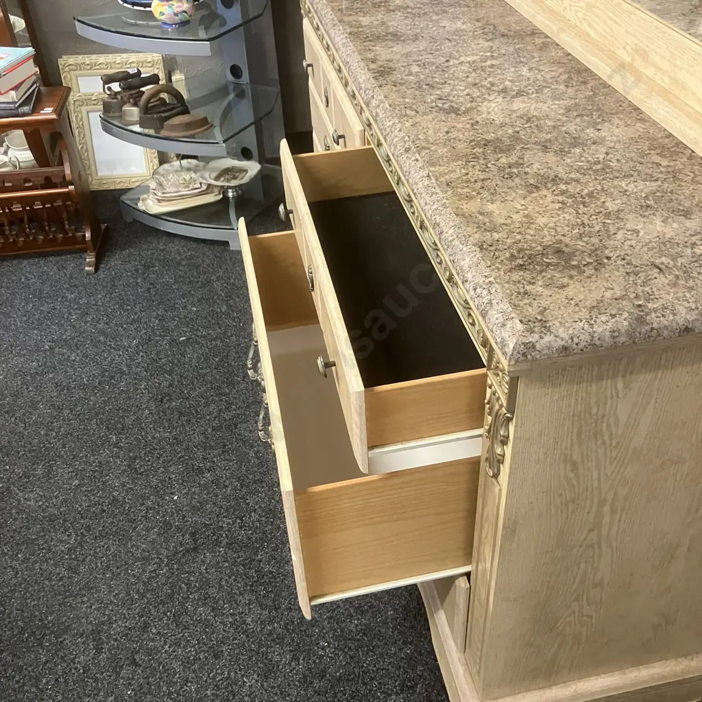 Ashley White Oak 8 Drawer Dresser With Mirror, Faux Marble Top, Ornate Antiqued Finish Hardware & Scroll Moulding Image 1++