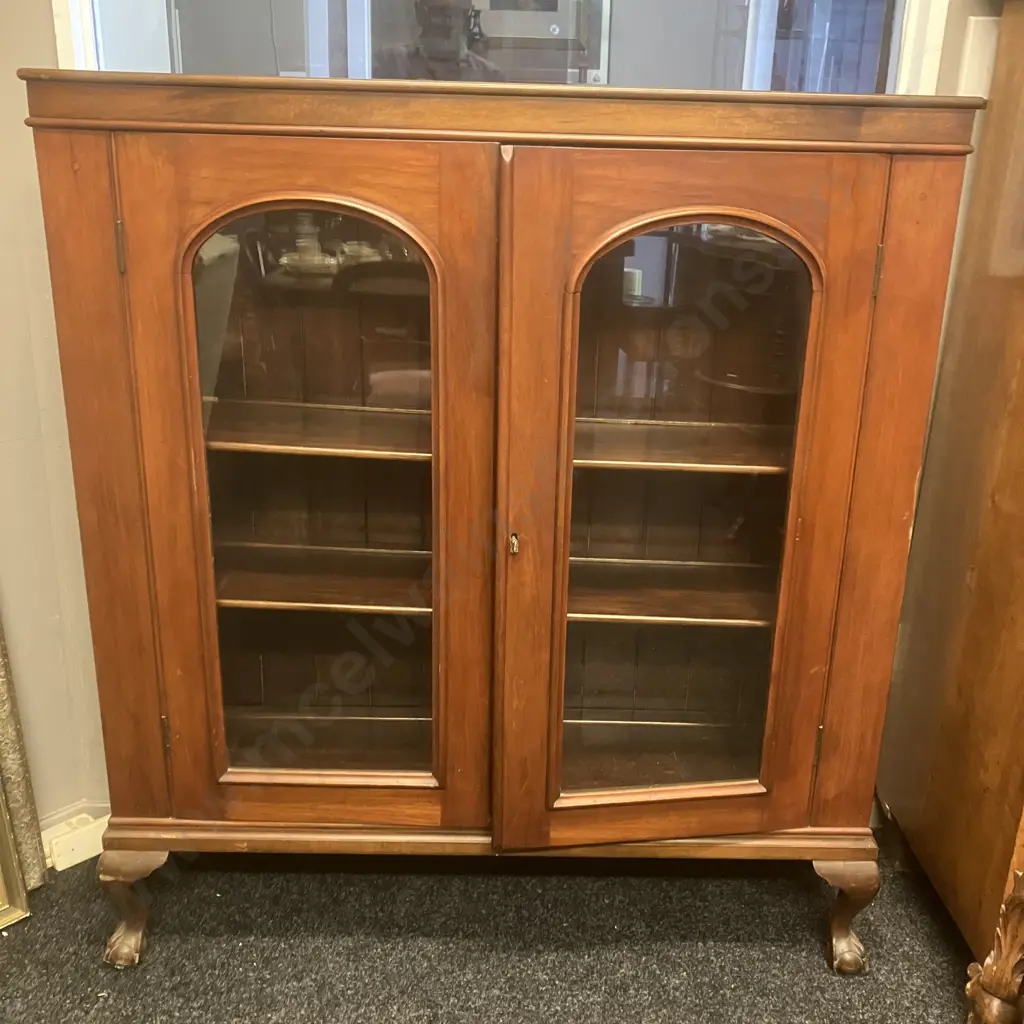 Victorian Antique 2 Door Display Cabinet / Bookcase With Key, 2 Wooden Shelves, Ball & Claw Feet. H130 W115 D30cm Image 1++