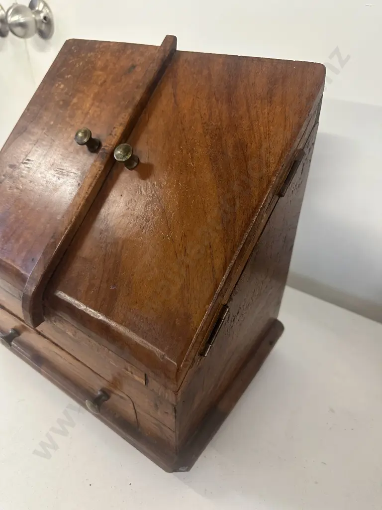 Victorian Oak Stationery Box Sloping Front Double Doors, Drawer At Base, Letter Racks & Section For Ink Wells Image 1++