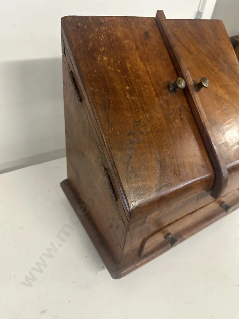 Victorian Oak Stationery Box Sloping Front Double Doors, Drawer At Base, Letter Racks & Section For Ink Wells Image 1++