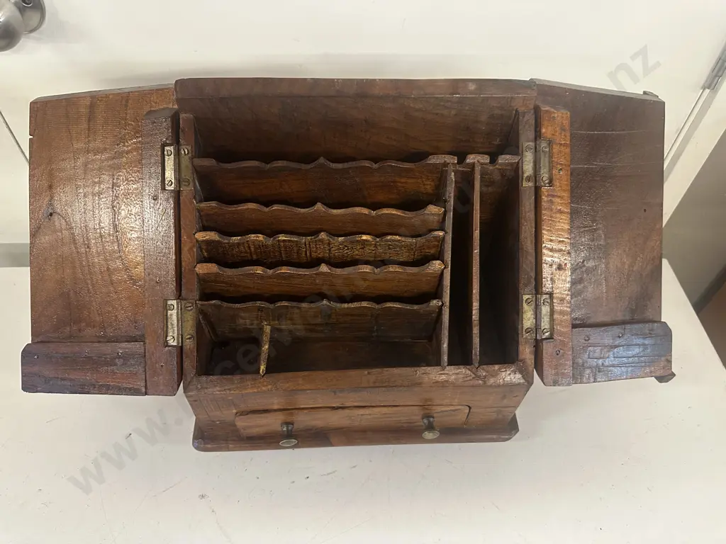 Victorian Oak Stationery Box Sloping Front Double Doors, Drawer At Base, Letter Racks & Section For Ink Wells Image 1++