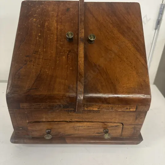 Victorian Oak Stationery Box Sloping Front Double Doors, Drawer At Base, Letter Racks & Section For Ink Wells